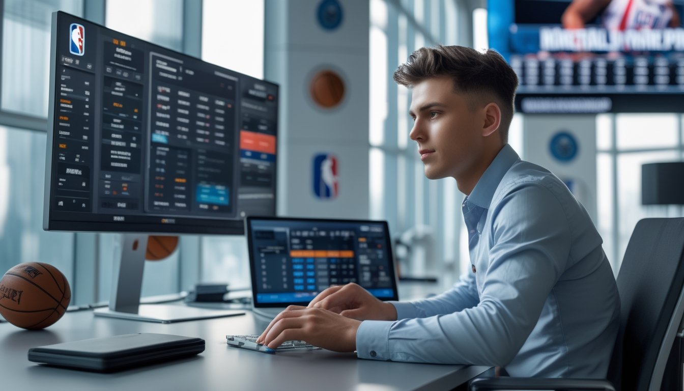 Seorang pria muda duduk di meja kantor modern sambil melihat layar komputer yang menampilkan statistik dan skor pertandingan bola basket NBA.