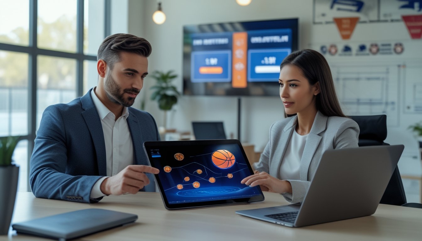 Dua orang profesional berdiskusi menggunakan tablet dan laptop dengan latar kantor modern dan lapangan basket terlihat di jendela.