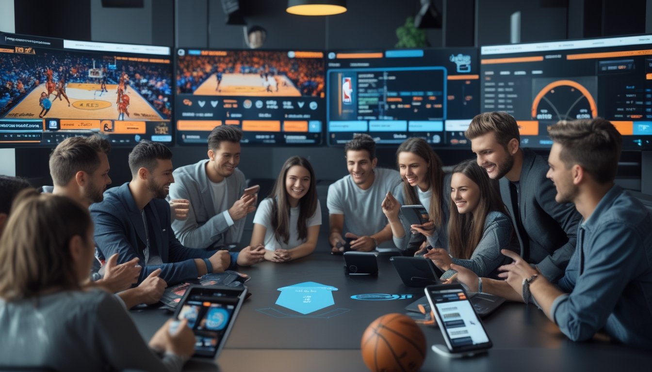 Sekelompok orang muda sedang menggunakan perangkat digital untuk memasang taruhan pada pertandingan basket NBA yang sedang berlangsung.
