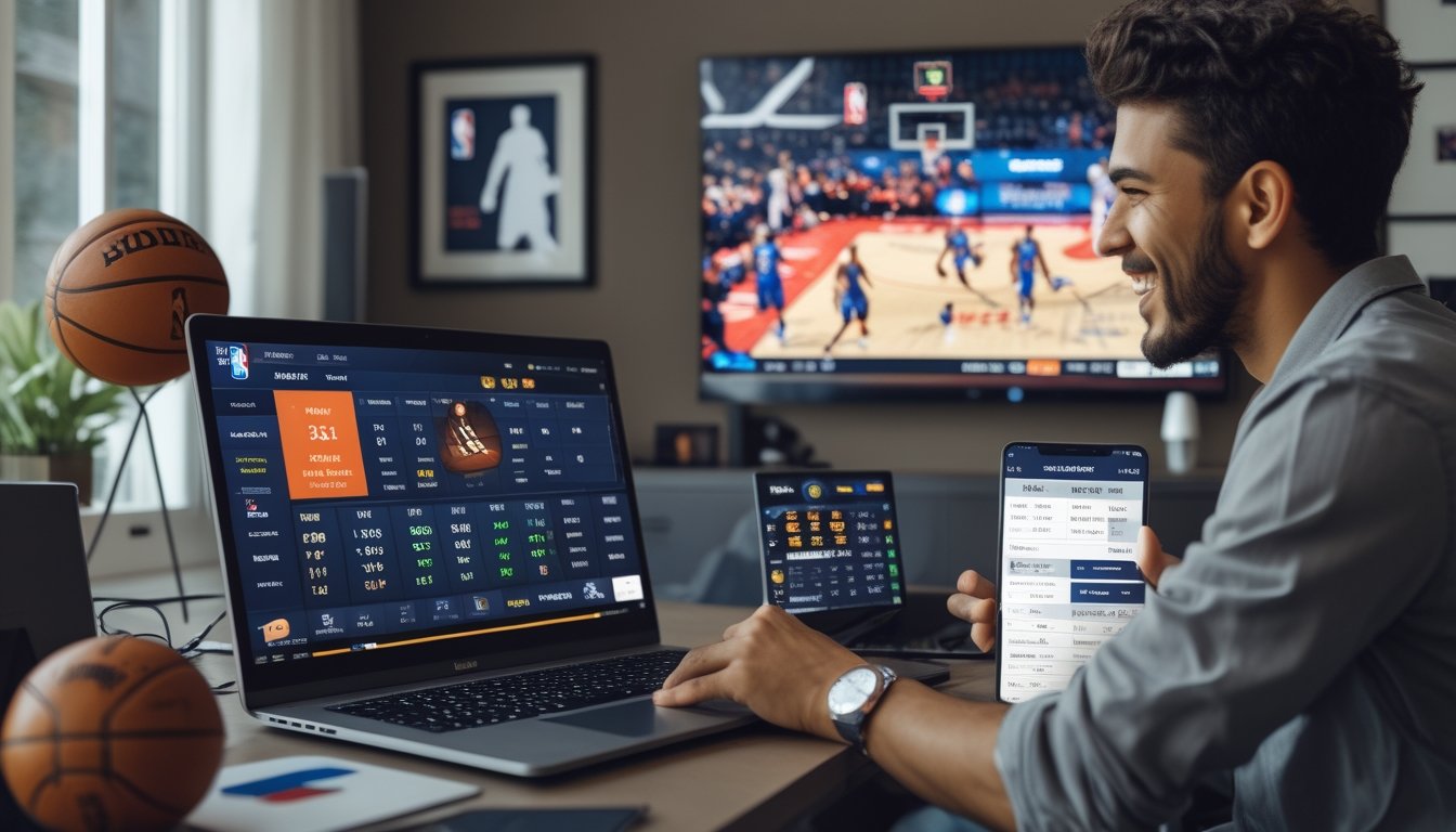 Seseorang menggunakan laptop dan perangkat digital lain untuk memasang taruhan pada pertandingan bola basket NBA yang sedang berlangsung.