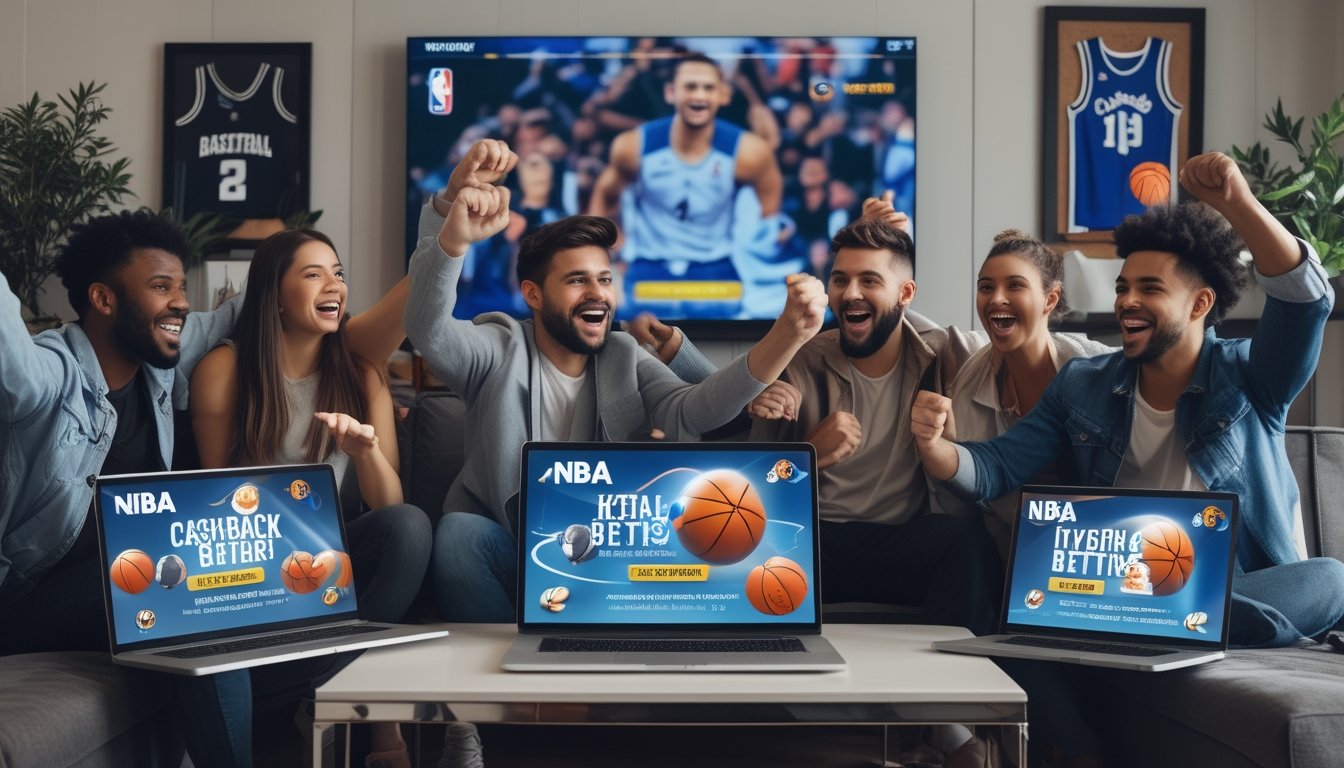 Sekelompok orang muda sedang menonton pertandingan NBA dengan ekspresi gembira di ruang tamu modern.