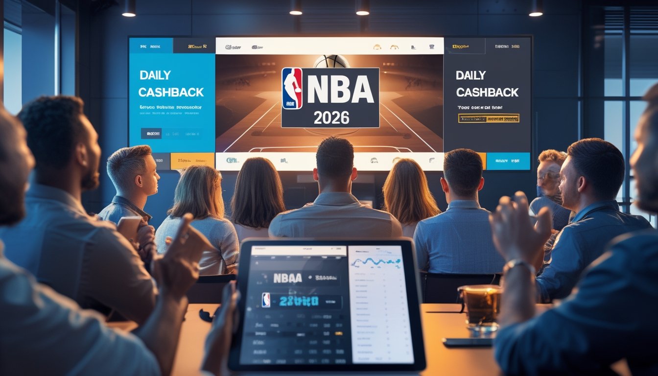 Sekelompok orang menonton pertandingan NBA 2026 di layar besar sambil menggunakan perangkat digital dalam suasana penuh semangat.