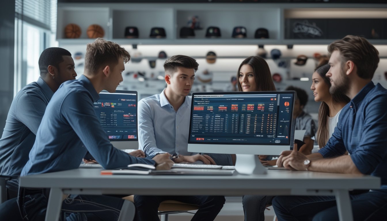 Sekelompok orang sedang berdiskusi di kantor modern dengan layar digital menampilkan statistik dan data bola basket.