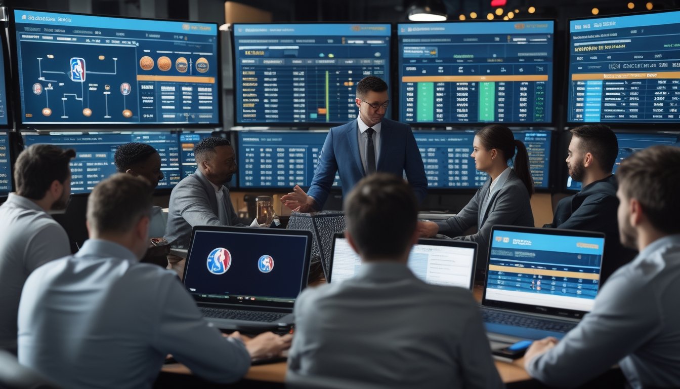 Sekelompok orang sedang berdiskusi dan menganalisis data taruhan NBA di ruang kantor modern.