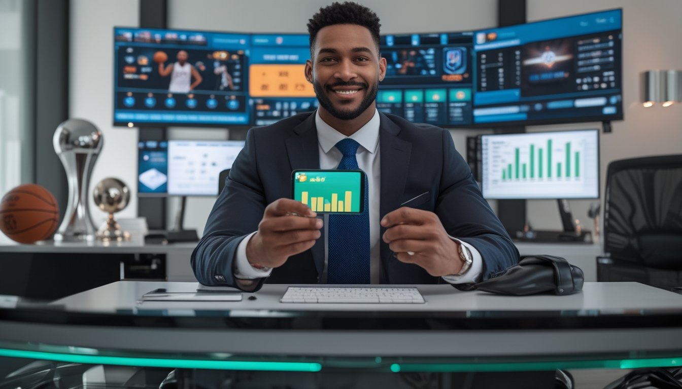 Seorang pria profesional duduk di meja dengan beberapa layar yang menampilkan statistik pertandingan NBA dan aplikasi taruhan, terlihat fokus dan percaya diri di sebuah kantor modern.
