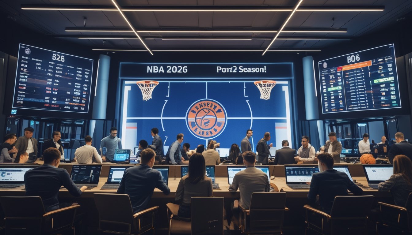 Orang-orang di ruang taruhan olahraga modern yang sedang melihat layar digital dengan statistik pertandingan bola basket NBA.