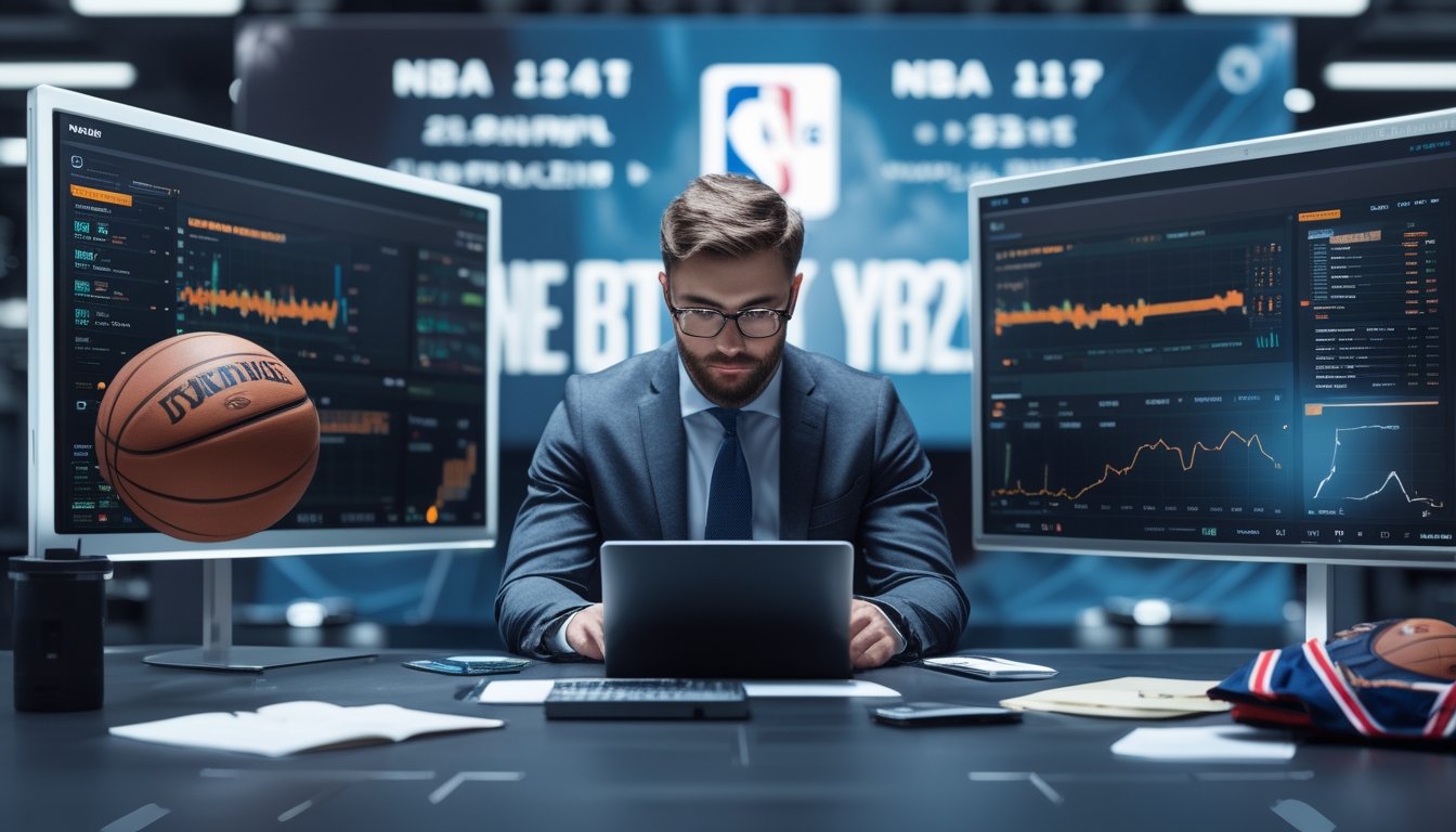 Seorang analis olahraga sedang bekerja dengan beberapa layar digital yang menampilkan statistik pertandingan bola basket dan grafik analisis di sebuah ruang kerja modern.