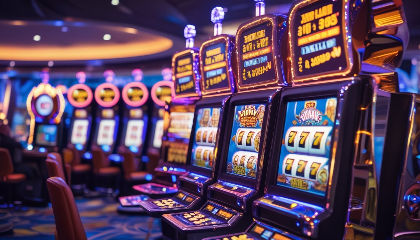 Suasana kasino modern dengan mesin slot berwarna-warni dan pemain yang sedang merayakan kemenangan besar.