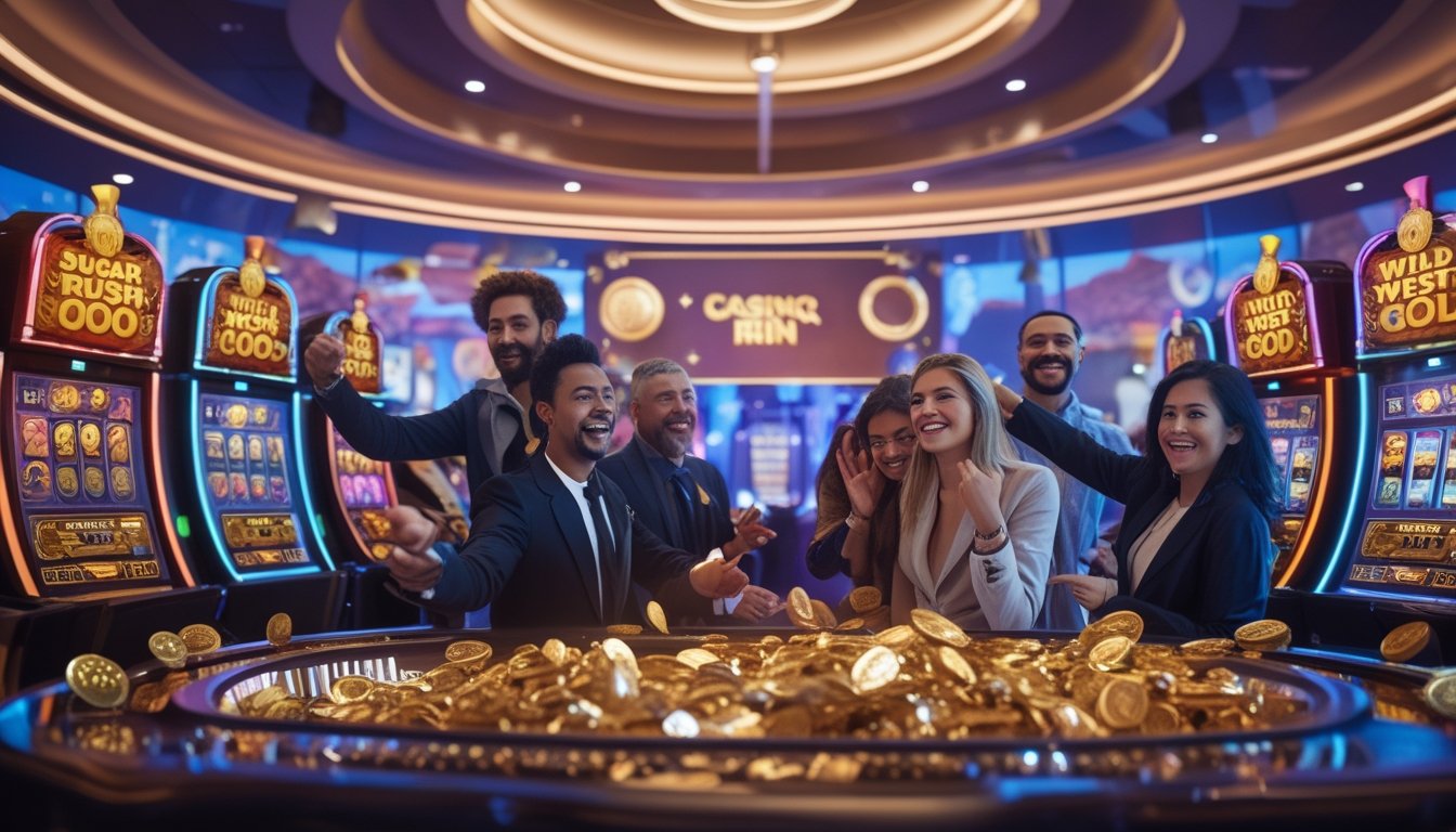Suasana kasino modern dengan mesin slot berwarna-warni dan pemain yang antusias merayakan kemenangan jackpot besar.