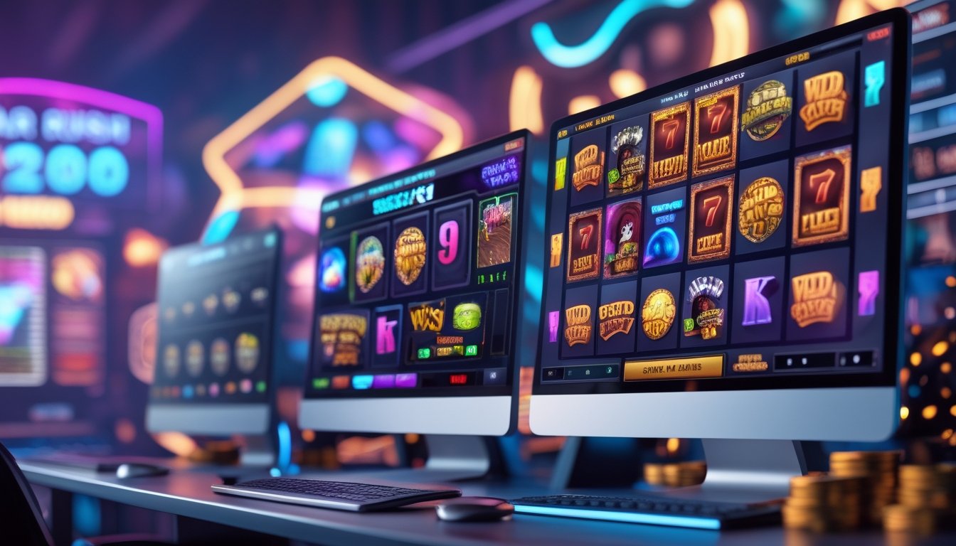 Sebuah meja kerja dengan komputer menampilkan permainan slot warna-warni yang menggambarkan suasana taruhan online yang menarik dan terpercaya.