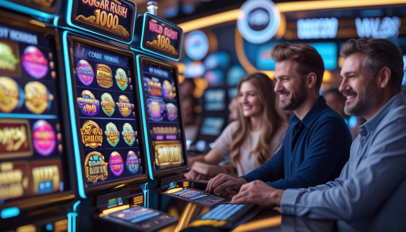 Beberapa orang dewasa sedang bermain permainan slot online dengan tema permen dan koboi di sebuah ruang kasino digital yang modern dan cerah.