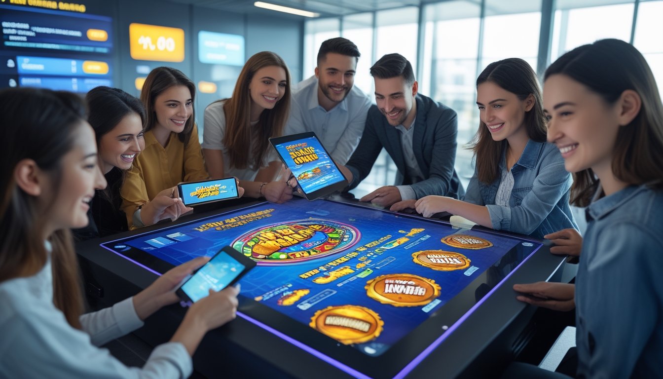 Sekelompok orang muda sedang bermain permainan kasino digital dengan tema permen dan koboi di sebuah ruangan modern yang cerah.