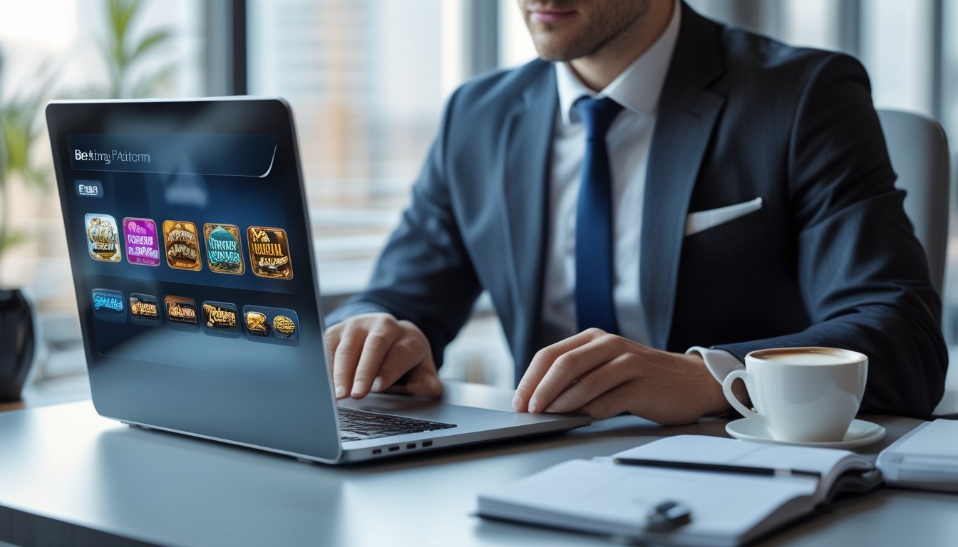 Seorang profesional sedang menggunakan laptop di kantor modern sambil meninjau platform taruhan online dengan ikon permainan warna-warni di layar.