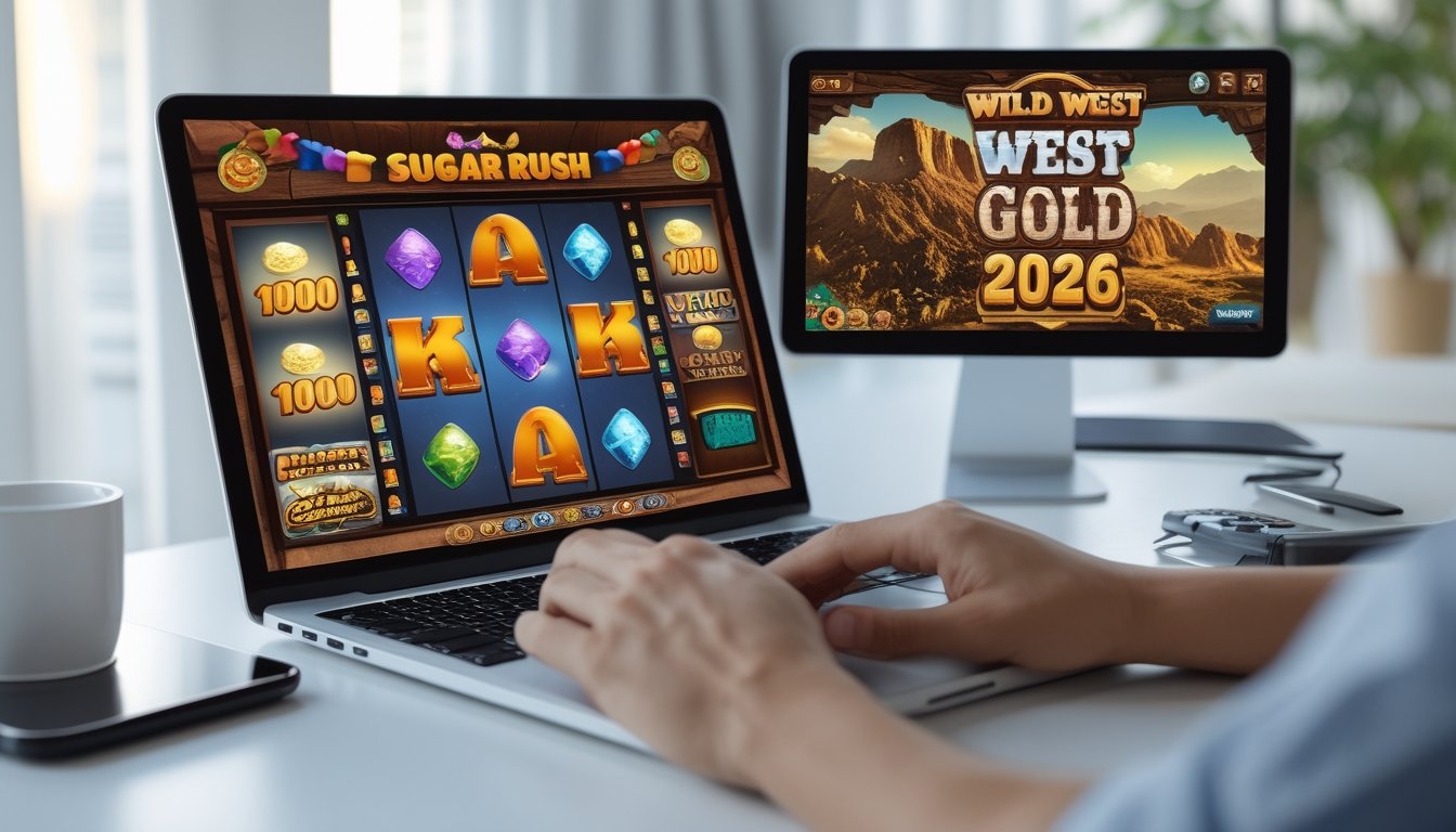 Seorang pengguna sedang bermain game slot online di laptop dengan latar belakang tema permen dan tambang emas.