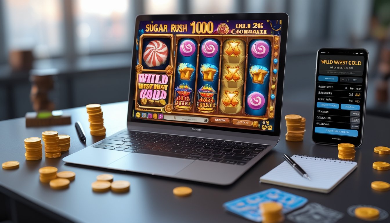 Meja kerja dengan laptop menampilkan permainan Sugar Rush 1000 dan Wild West Gold, dilengkapi chip taruhan dan ponsel, suasana profesional dan rapi.