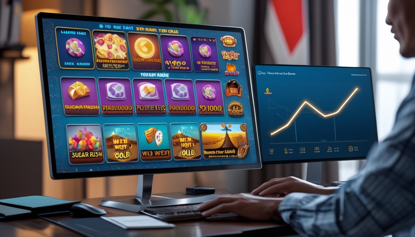 Seorang pemain dewasa menggunakan komputer dengan tampilan permainan slot bertema permen dan koboi di latar belakang yang menampilkan elemen budaya Indonesia.