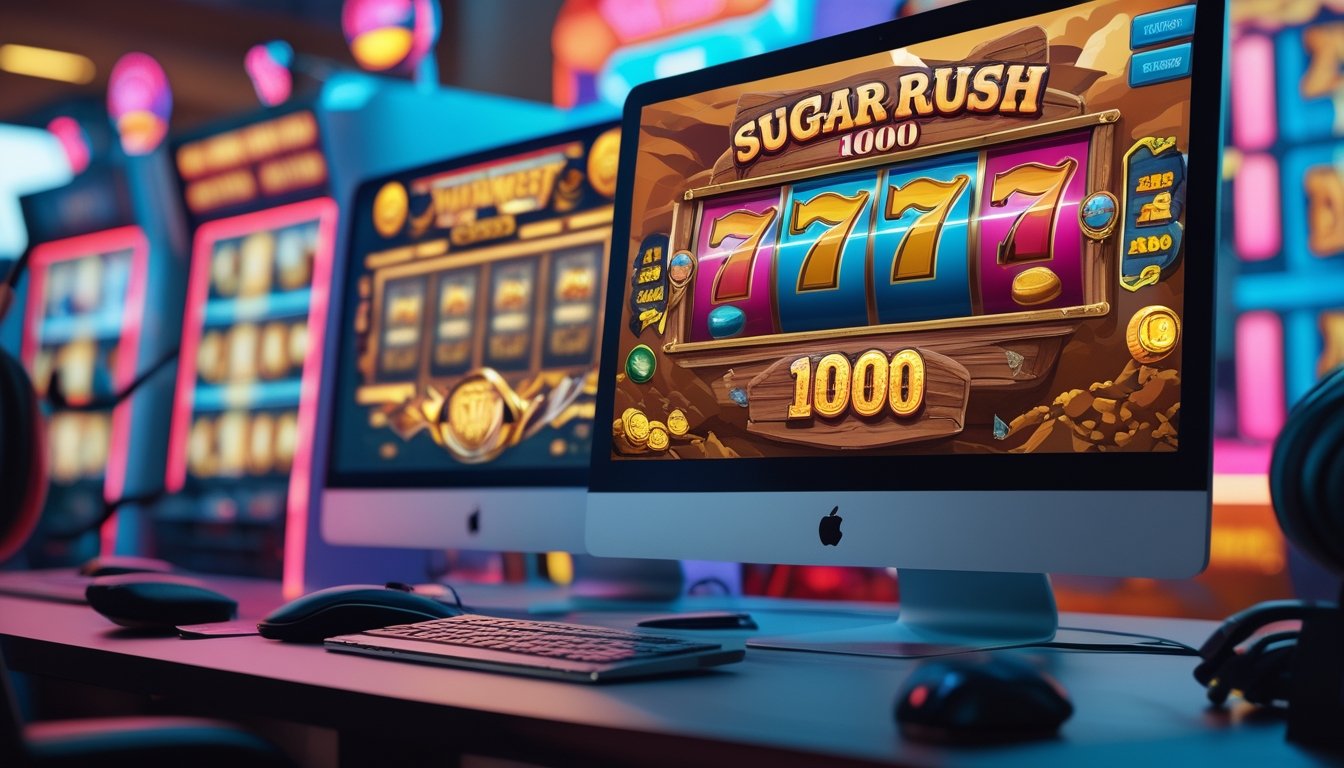 Suasana permainan slot online dengan tema permen dan koboi, menampilkan layar perangkat digital yang menunjukkan slot Sugar Rush 1000 dan Wild West Gold.