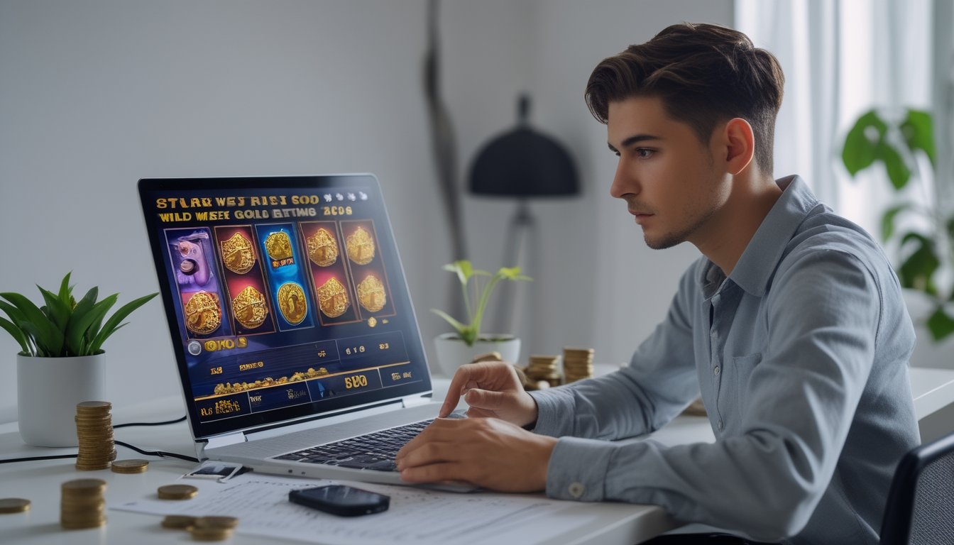 Seseorang duduk di depan laptop di meja kerja dengan koin dan catatan, fokus menganalisis strategi taruhan online.
