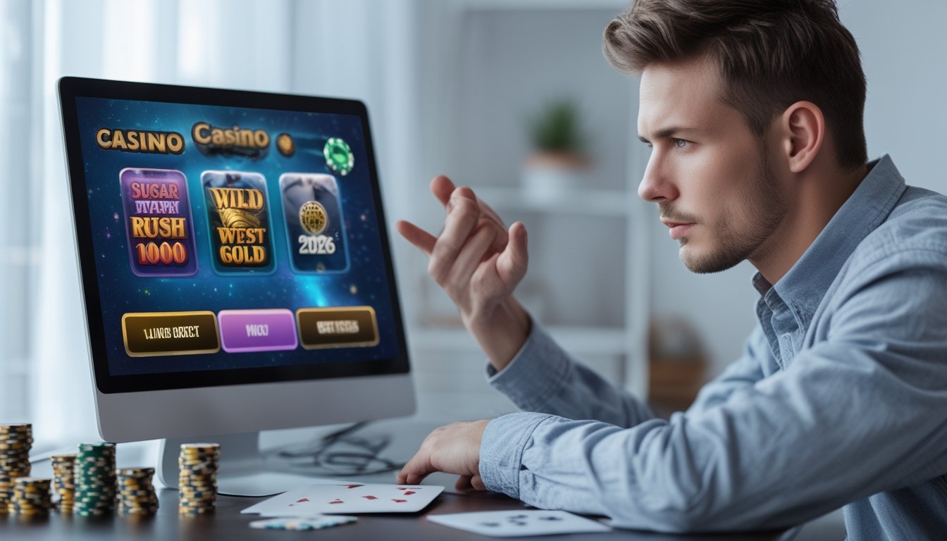 Seorang pria muda duduk di meja dengan laptop, fokus menganalisis permainan kasino online dengan suasana ruangan yang rapi dan pencahayaan alami.