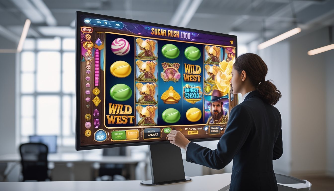 Seseorang menggunakan layar sentuh dengan tampilan permainan slot bertema permen dan koboi di latar kantor modern yang terang.