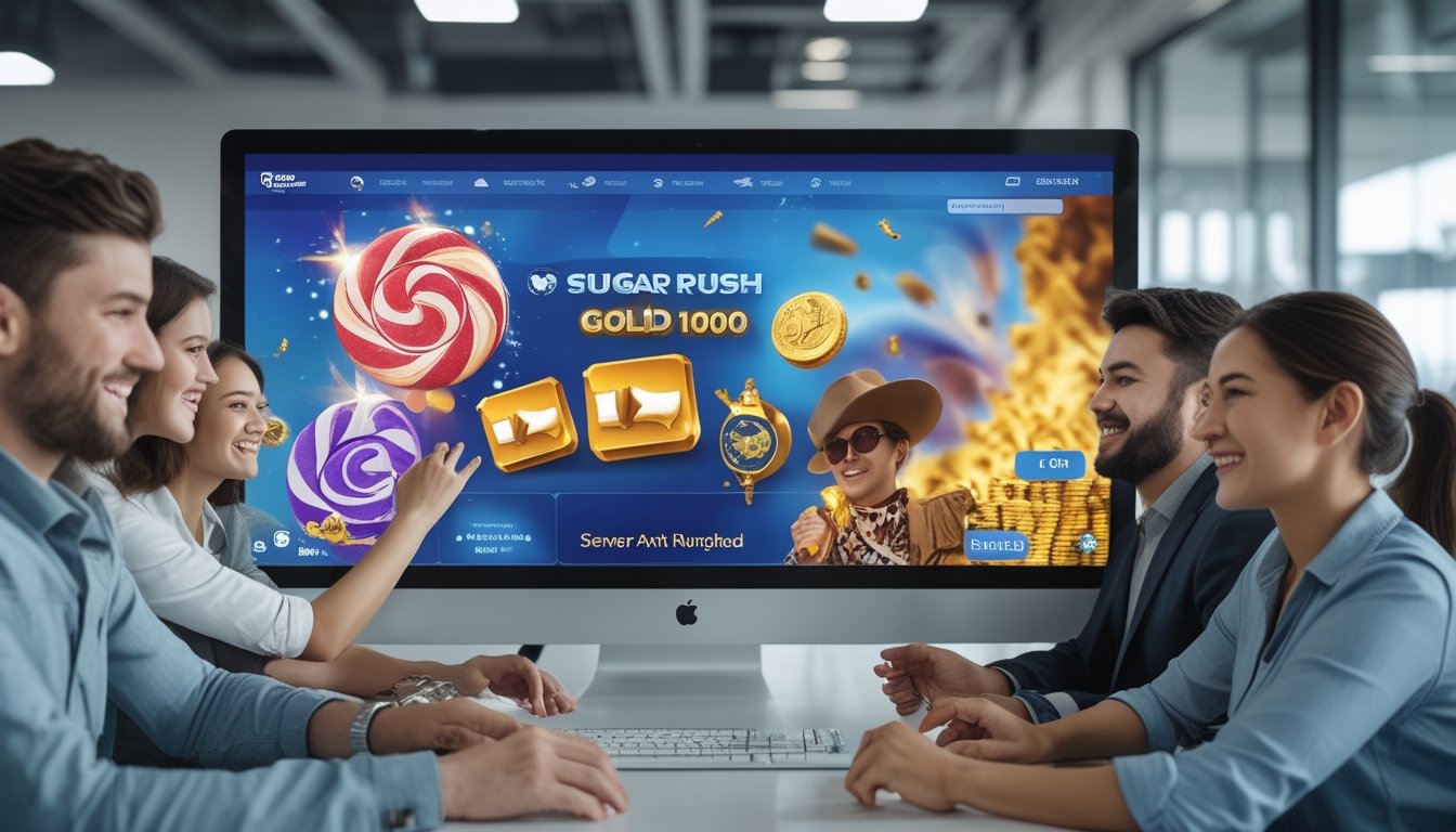 Sekelompok orang muda di kantor modern sedang menggunakan komputer dengan tampilan permainan Sugar Rush 1000 dan Wild West Gold, menunjukkan suasana taruhan online yang aman dan terpercaya.