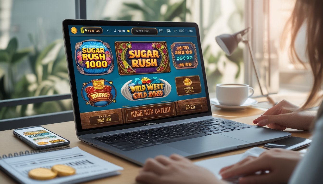Seorang pemula sedang meninjau permainan slot Sugar Rush 1000 dan Wild West Gold 2026 di depan laptop dengan suasana kerja yang tenang.