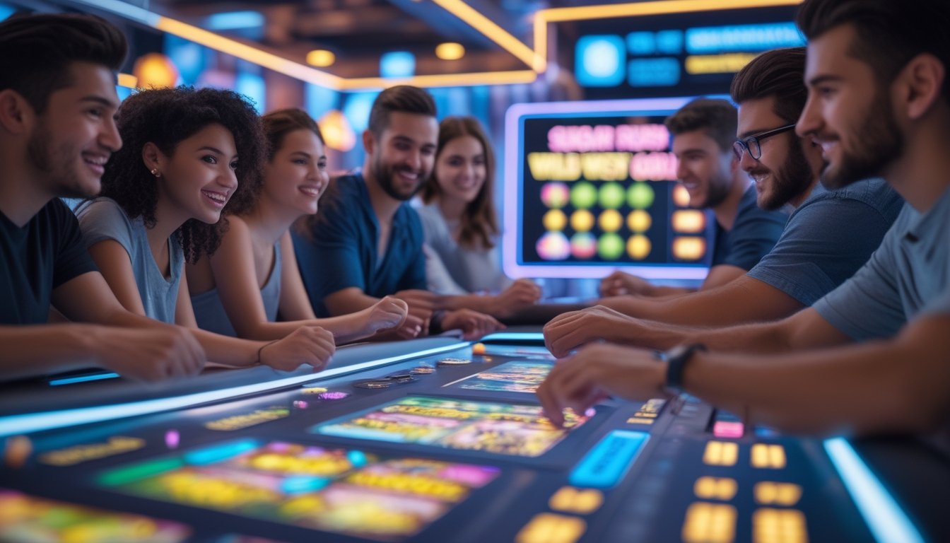 Sekelompok orang muda bermain game taruhan online di meja sentuh futuristik dengan latar belakang lampu neon dan elemen digital.