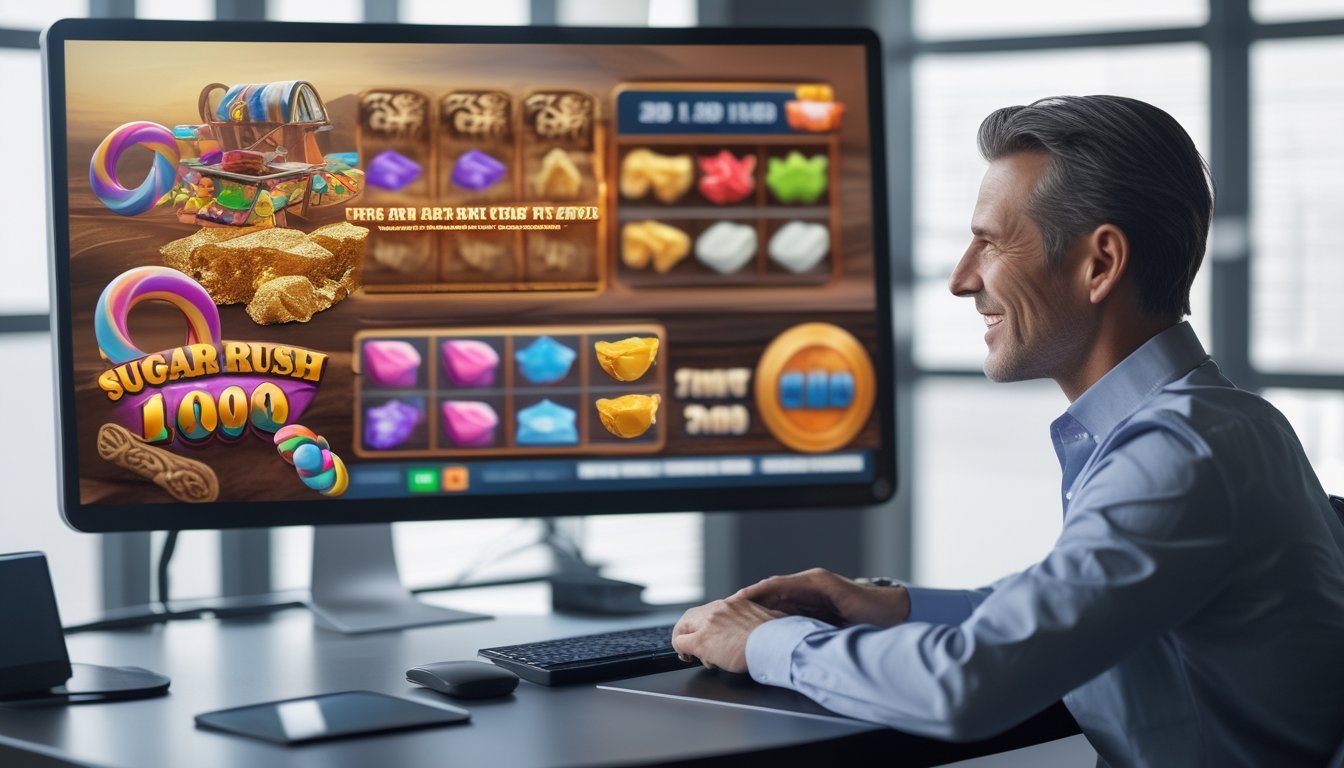 Seorang dewasa sedang menggunakan komputer dengan layar menampilkan grafik permainan slot bertema permen dan koboi, di ruang kerja yang rapi dan terang.