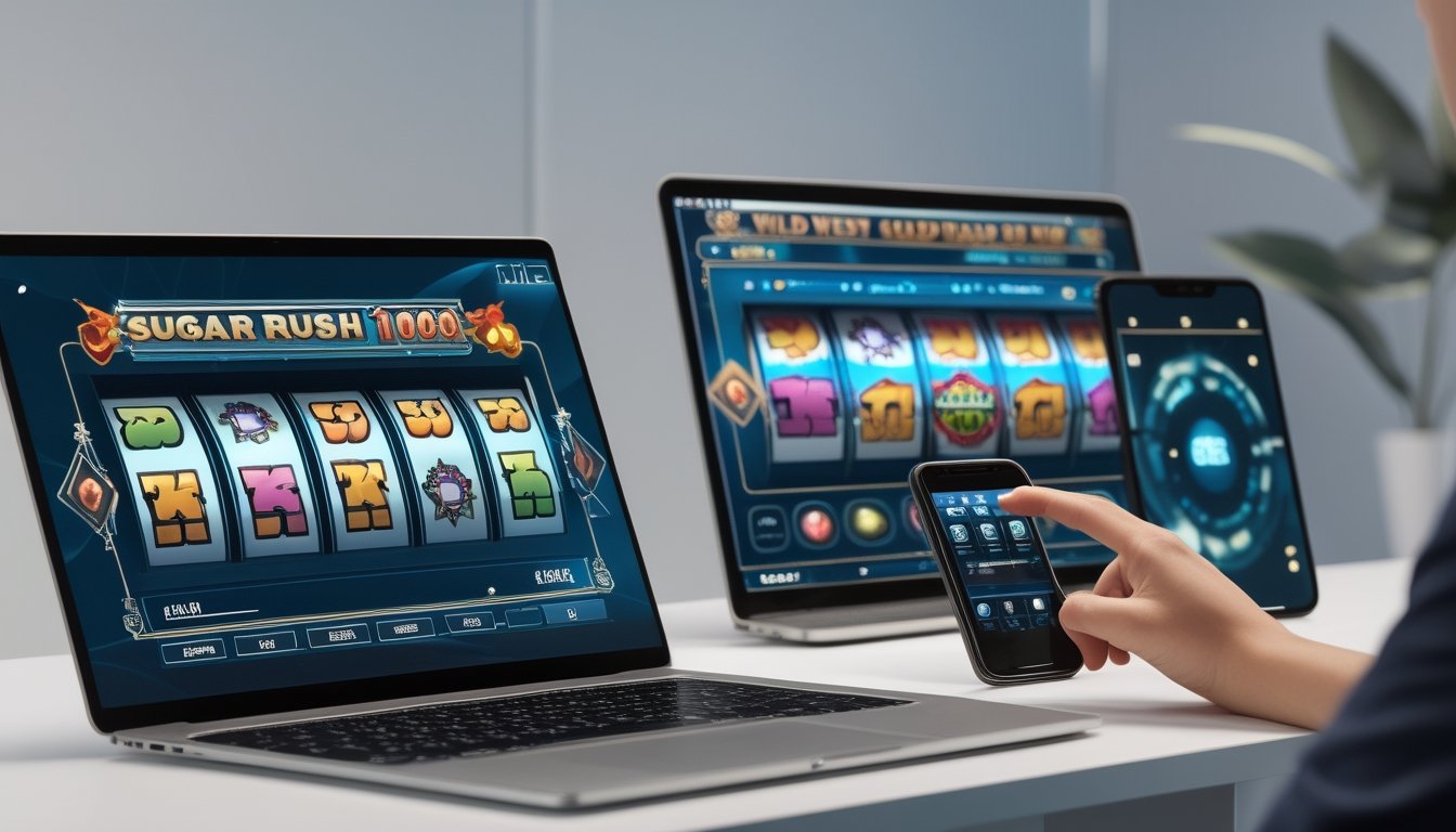 Seseorang menggunakan beberapa perangkat digital yang menampilkan permainan taruhan online dengan tema Sugar Rush 1000 dan Wild West Gold 2026.