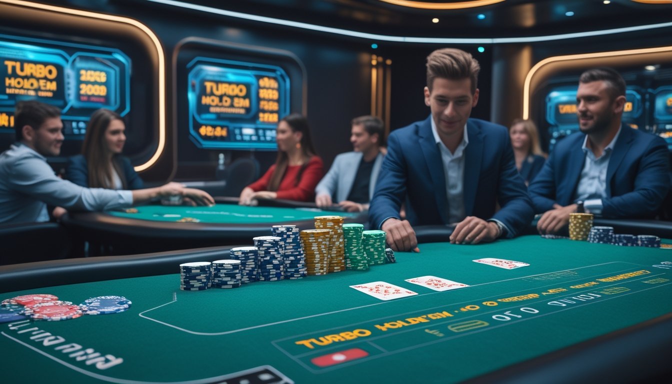 Meja poker dengan tumpukan chip dan kartu, pemain yang fokus bermain dalam suasana kasino modern.