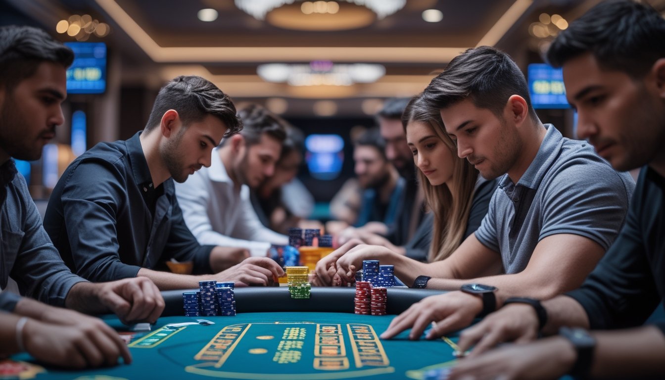 Sekelompok pemain poker sedang bermain di meja poker modern dengan suasana kasino yang elegan dan pencahayaan hangat.