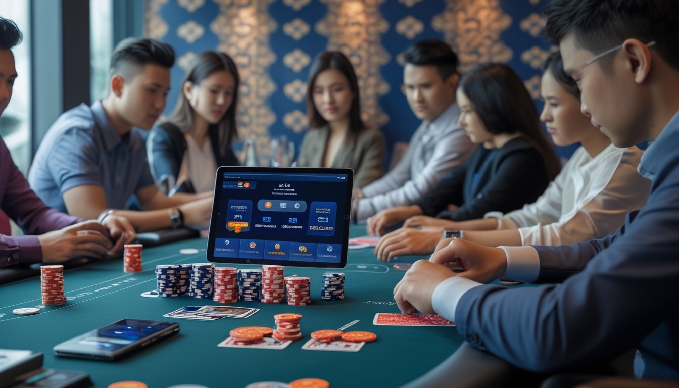 Meja poker dengan tumpukan chip dan kartu, pemain fokus bermain, latar belakang dengan elemen budaya Indonesia.