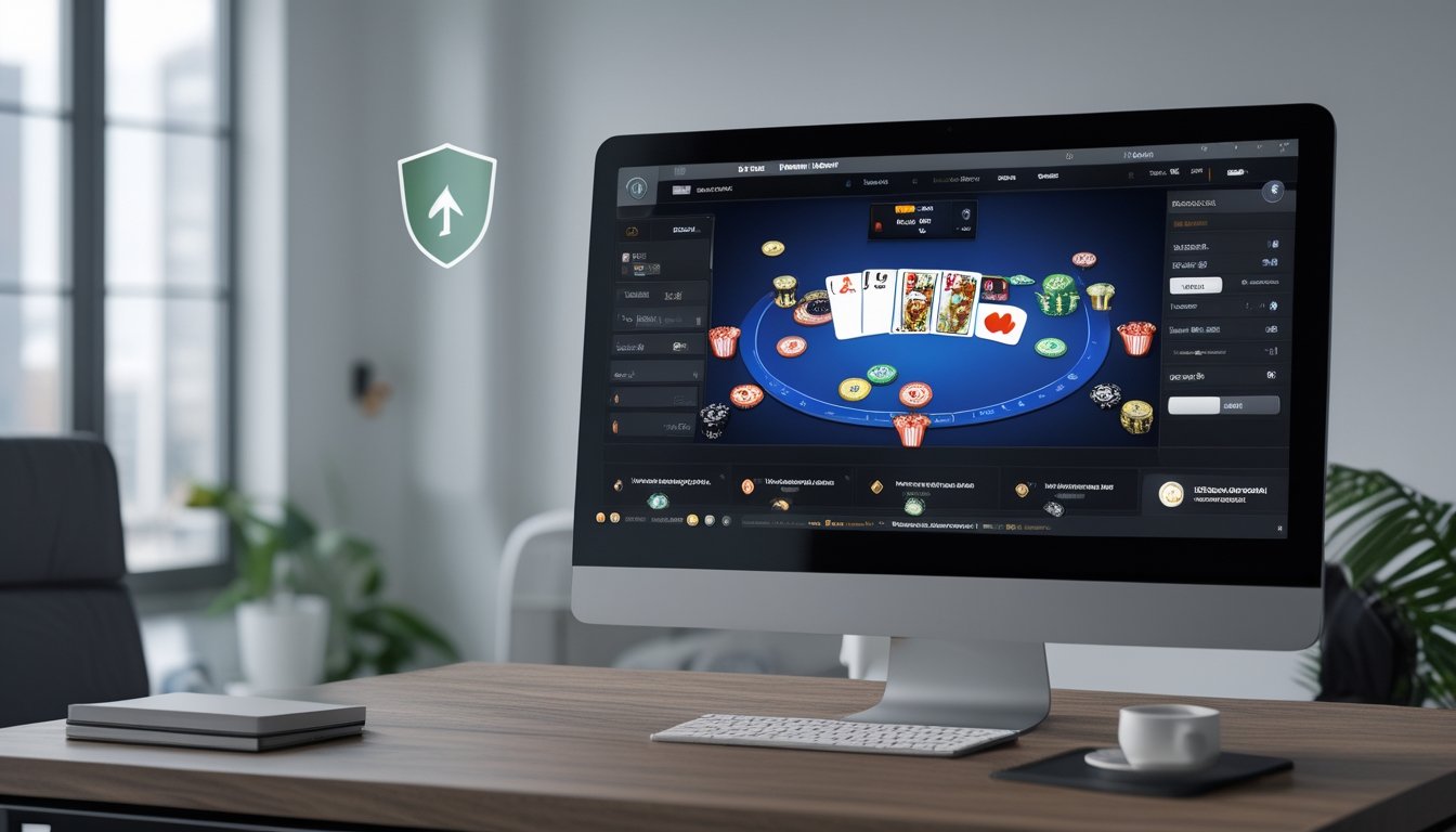 Tampilan komputer di kantor modern yang menampilkan permainan poker online dengan kartu dan chip, menunjukkan suasana profesional dan terpercaya.