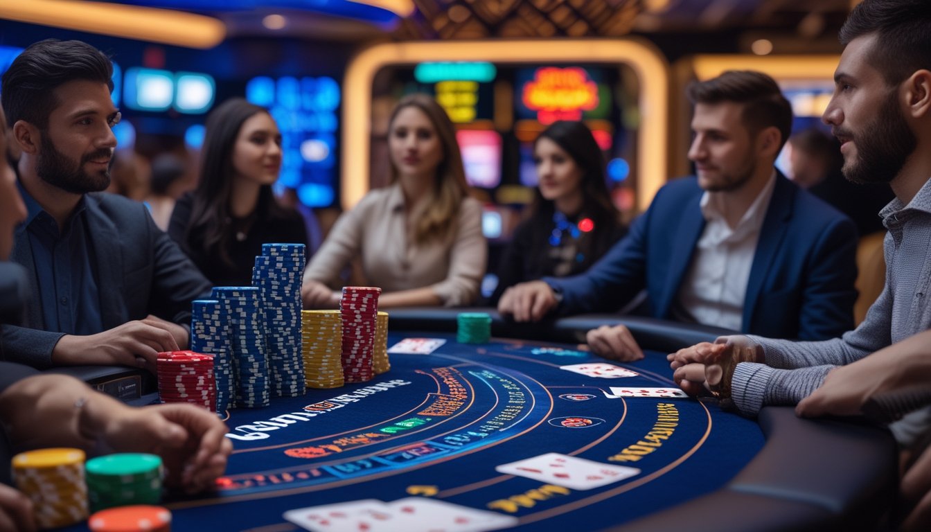 Meja poker modern dengan chip dan kartu, pemain fokus bermain di kasino dengan lampu ambient.