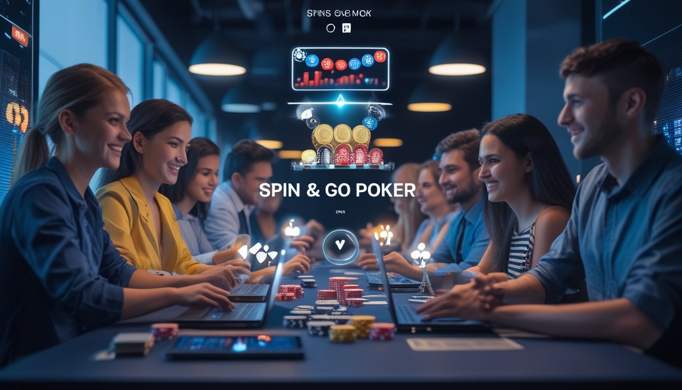 Sejumlah orang sedang bermain poker online dengan kartu dan chip di layar komputer dan ponsel, menunjukkan suasana permainan yang seru dan profesional.