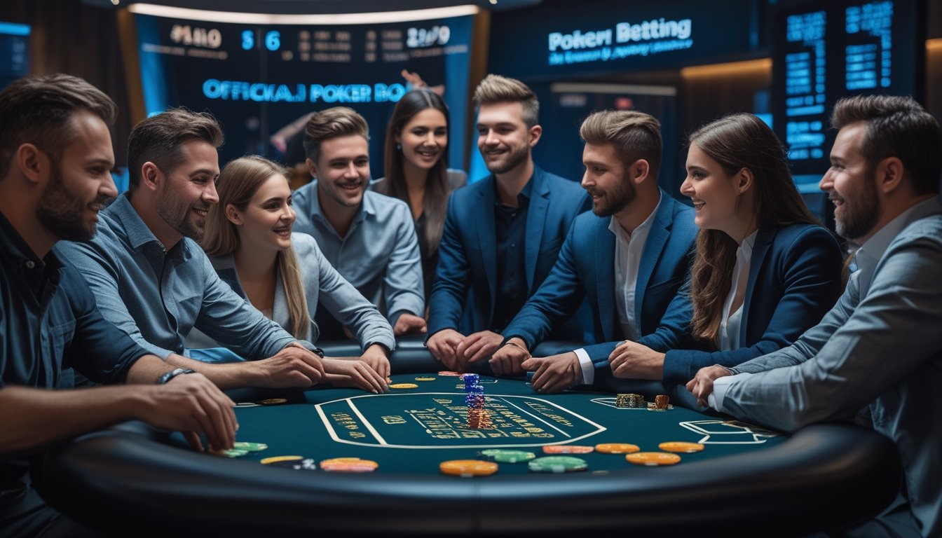 Sekelompok pemain poker profesional dan pemula sedang bermain di meja poker modern dengan suasana fokus dan dinamis.