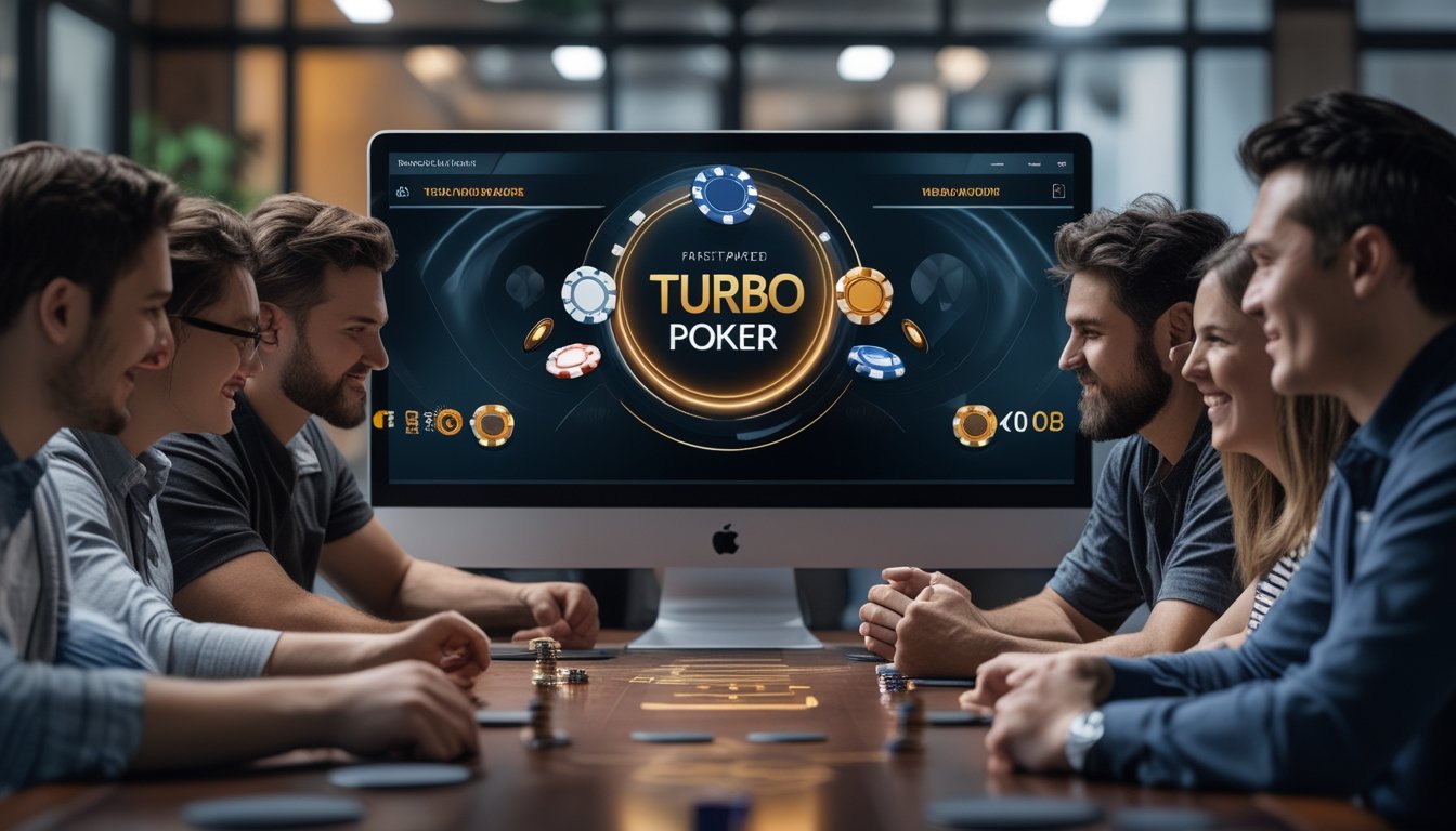 Sekelompok orang bermain poker secara online di sebuah ruangan kantor dengan layar komputer besar menampilkan permainan poker.