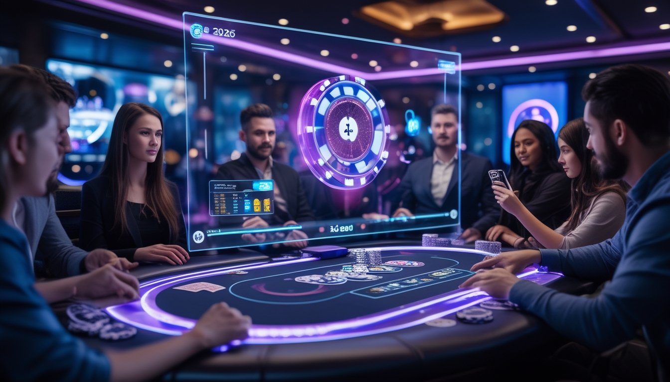 Meja poker digital futuristik dengan pemain yang fokus bermain poker online di lounge kasino modern.