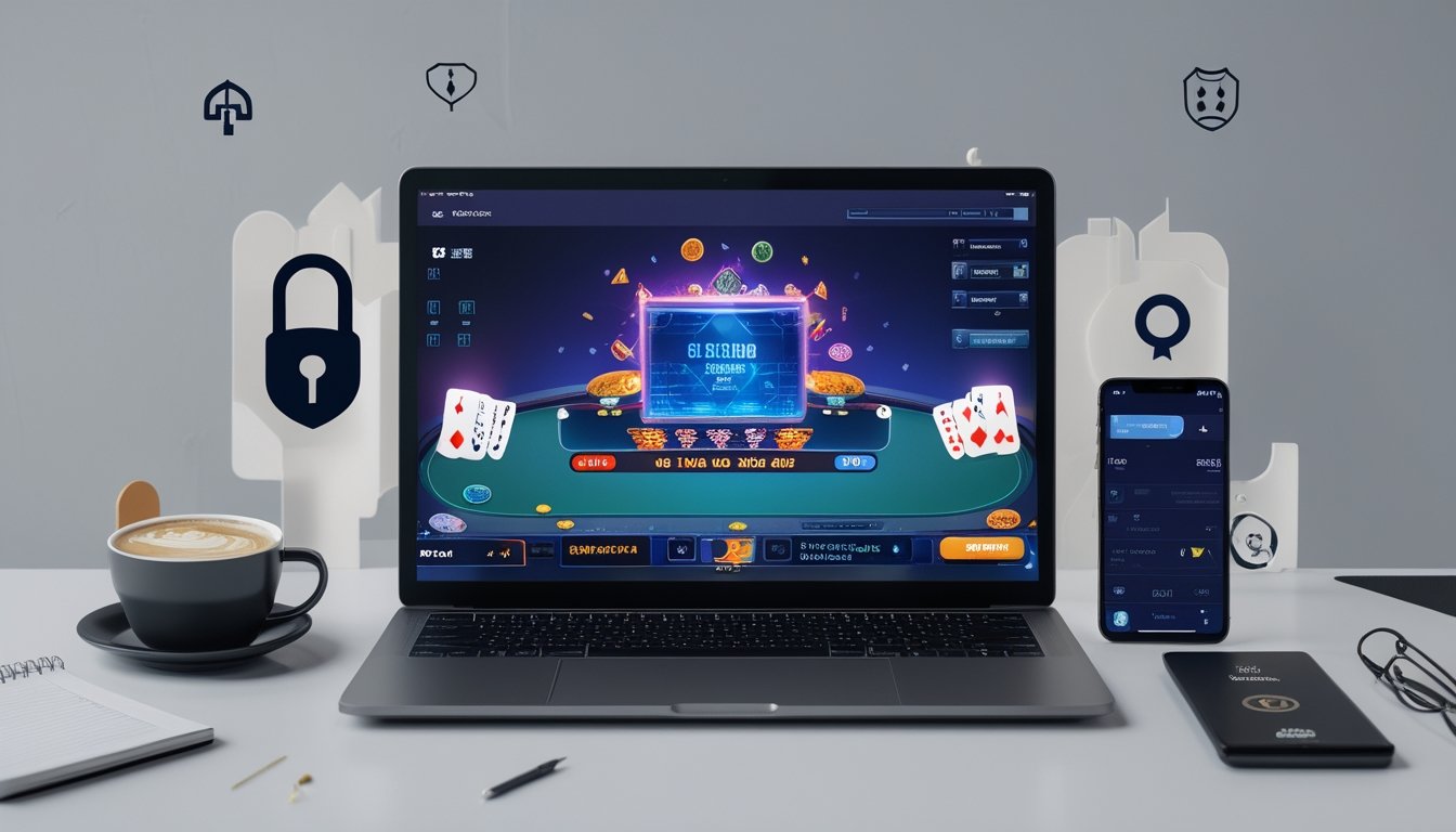 Seorang pengguna sedang bermain poker online di komputer dengan suasana ruang kerja yang rapi dan perangkat teknologi modern.