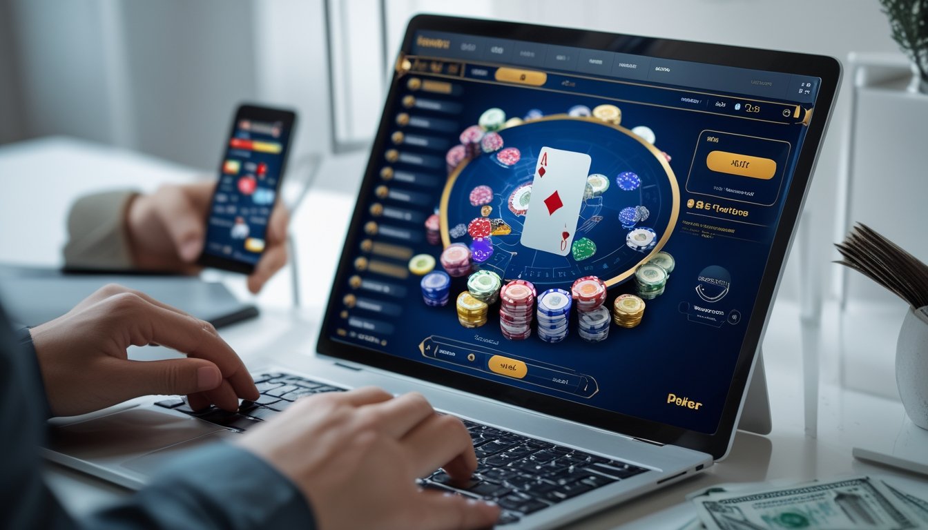 Seseorang bermain poker online dengan perangkat digital dan chip poker di meja, menunjukkan suasana permainan yang profesional dan modern.