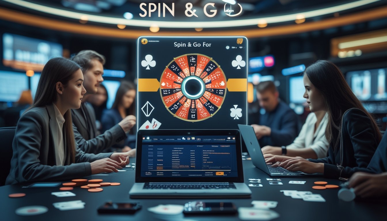 Beberapa orang bermain poker online dengan laptop dan ponsel, menampilkan chip dan kartu di layar komputer.