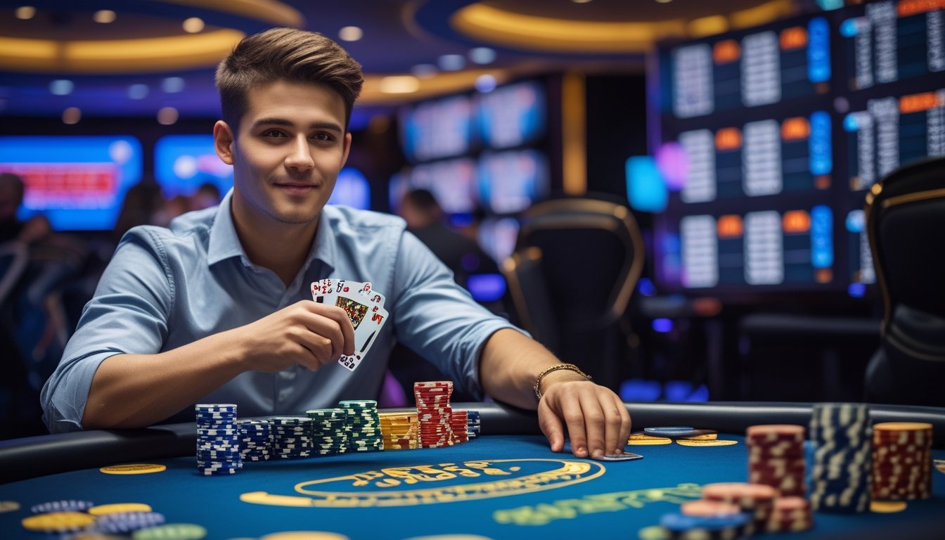 Seorang pria muda duduk di meja poker dengan kartu dan tumpukan chip, fokus bermain poker di kasino modern.