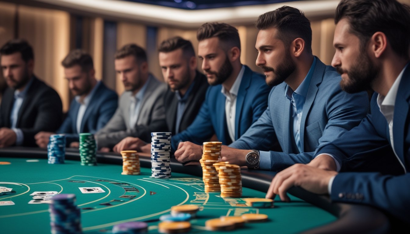 Beberapa orang sedang bermain poker di meja dengan tumpukan chip dan kartu, fokus pada permainan Hyper-Turbo Hold’em Poker.