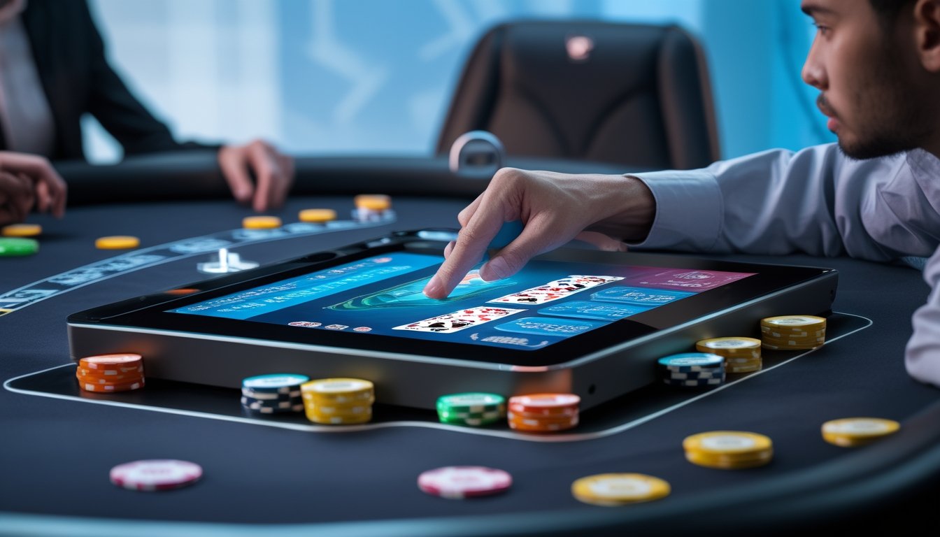 Seorang pemain poker menggunakan perangkat layar sentuh di meja poker digital dengan chip dan kartu, dikelilingi oleh elemen keamanan modern.