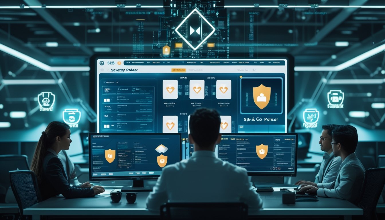 Sekelompok profesional sedang memantau sistem keamanan platform poker online dengan tampilan antarmuka digital dan ikon keamanan futuristik di ruang kendali berteknologi tinggi.
