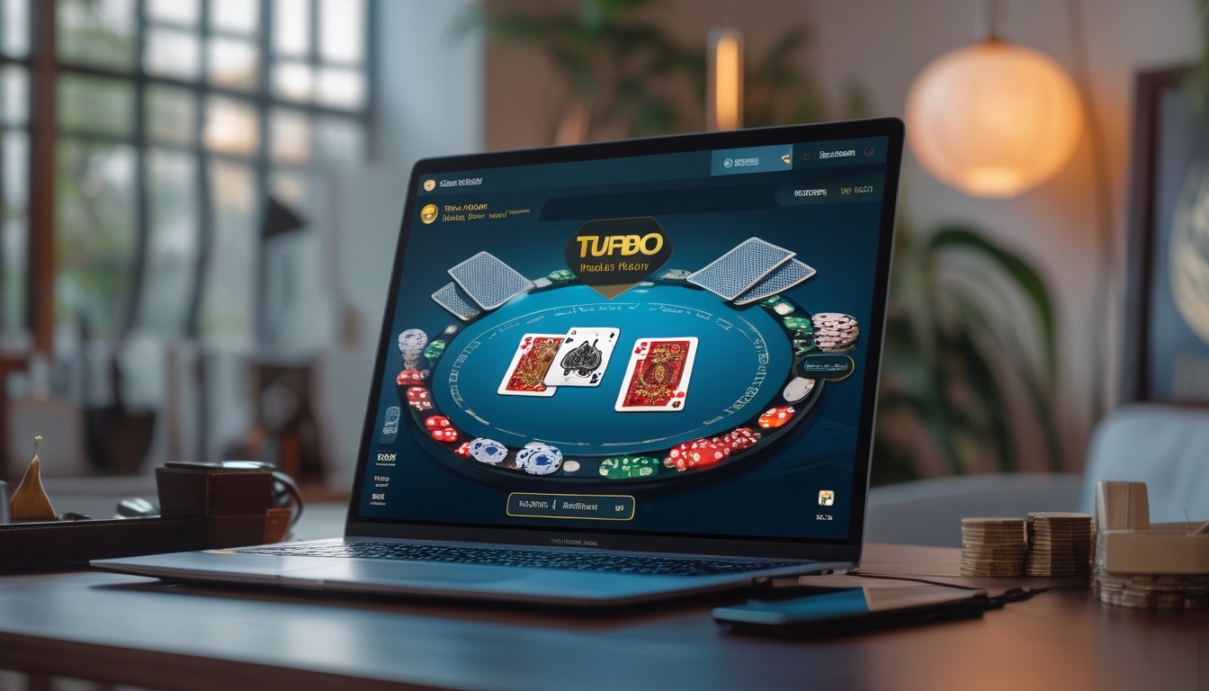 Seseorang bermain poker online dengan laptop di meja yang rapi di ruangan terang dengan suasana modern.