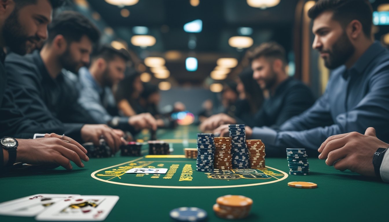 Meja poker dengan kartu dan tumpukan chip di kasino dengan pemain yang sedang bermain.