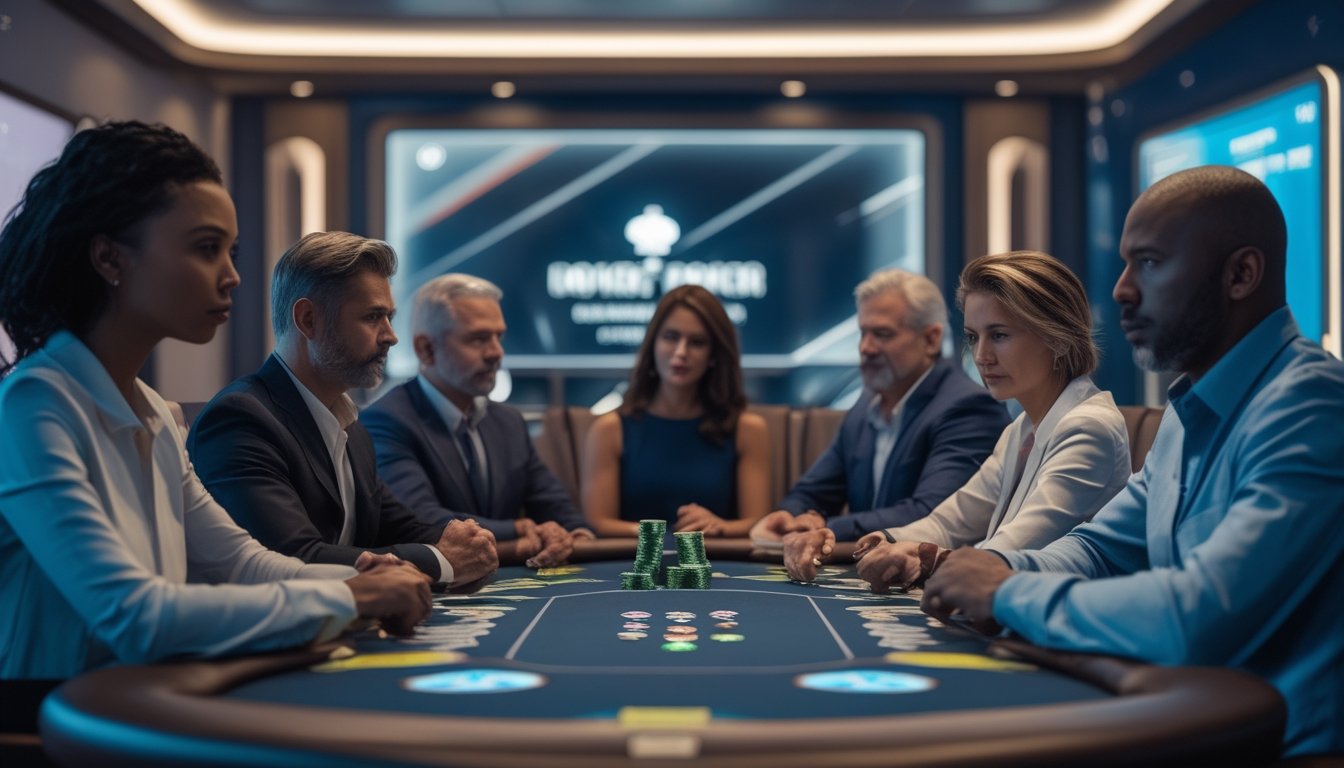 Sekelompok orang dewasa bermain poker di meja dengan chip digital dan kartu di ruangan poker modern yang terang dan rapi.