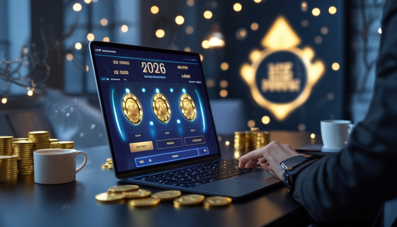 Sebuah laptop menunjukkan permainan poker online dengan kartu dan chip di meja yang rapi, dikelilingi oleh koin emas dan lampu berkilau yang menandakan jackpot besar.