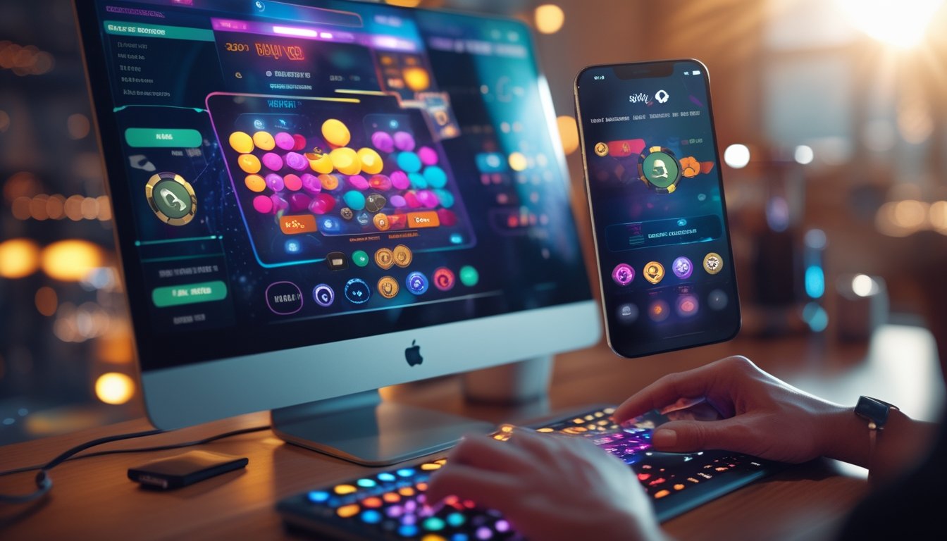 Seorang pemain sedang menggunakan komputer dan ponsel untuk bermain permainan strip poker online dengan suasana yang nyaman dan modern.